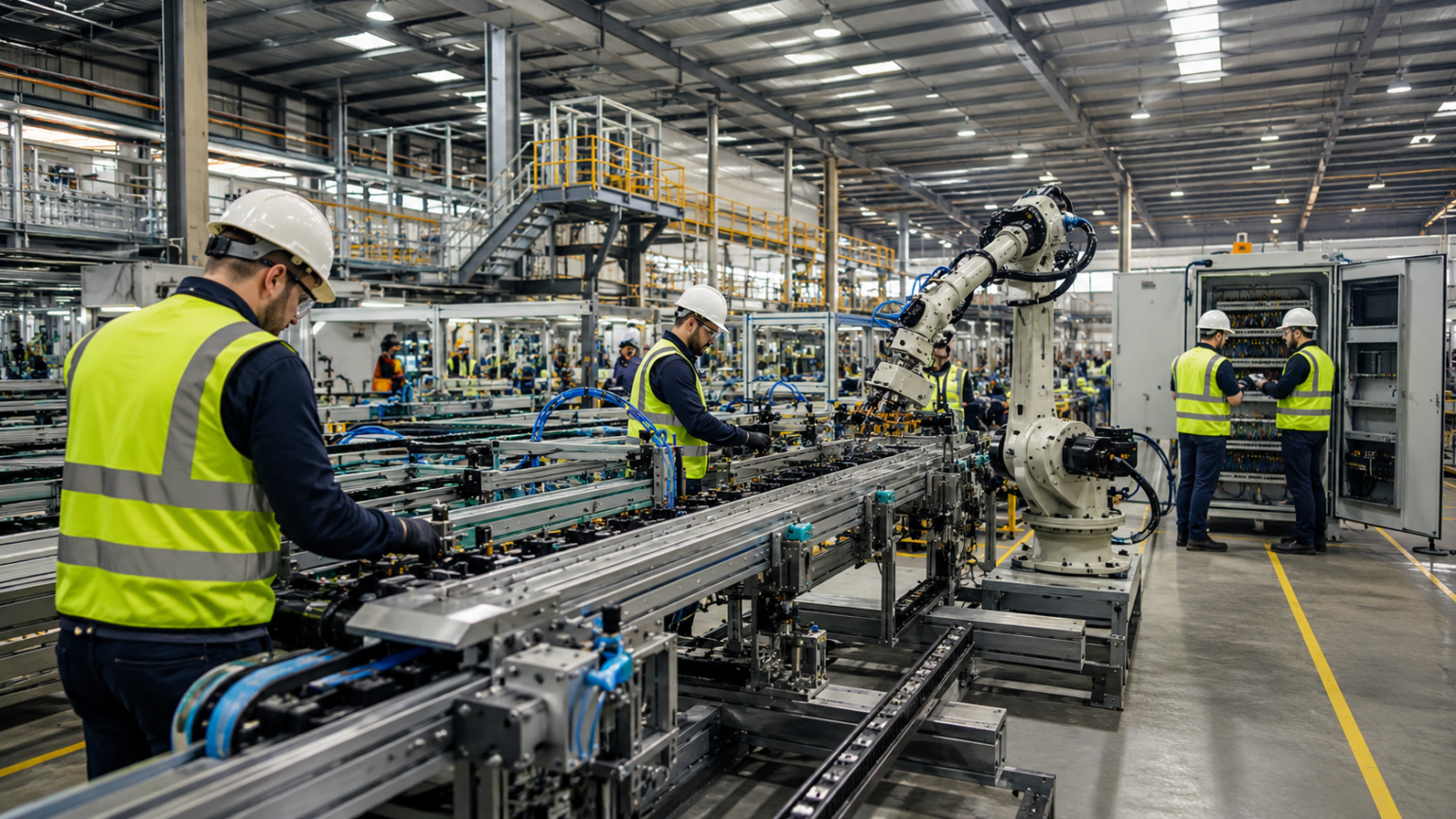 Interior de una empresa de fabricación de maquinaria industrial con técnicos trabajando en líneas automatizadas, cintas transportadoras, brazos robóticos y cuadros eléctricos en una nave industrial moderna.