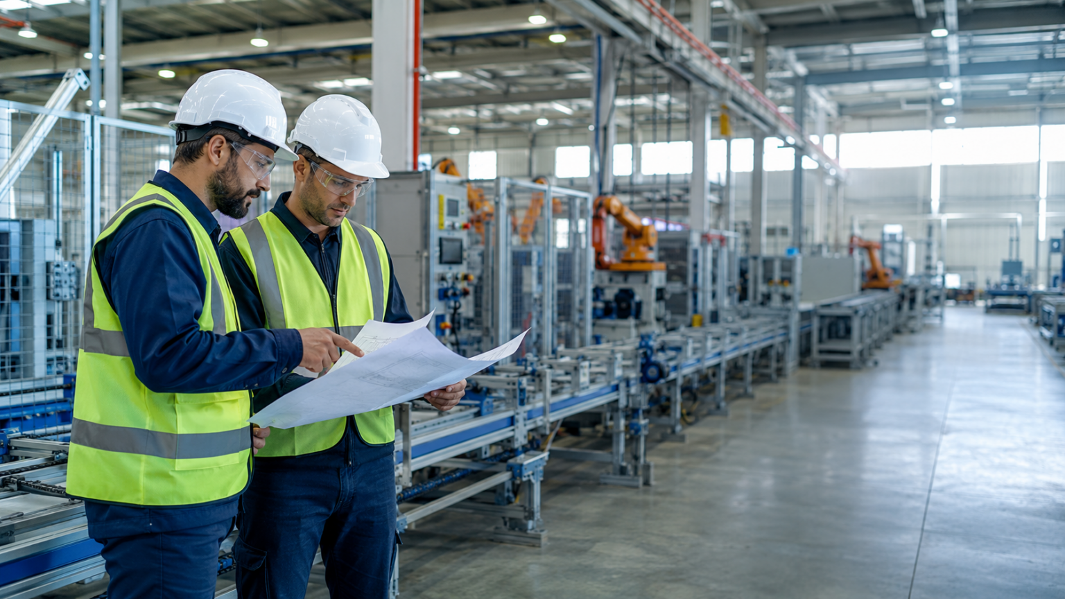 Ingeniero industrial y técnico especializados revisando planos técnicos junto a una línea de producción automatizada en una nave industrial moderna con brazos robóticos, cintas transportadoras y maquinaria industrial, transmitiendo asesoramiento técnico y confianza.